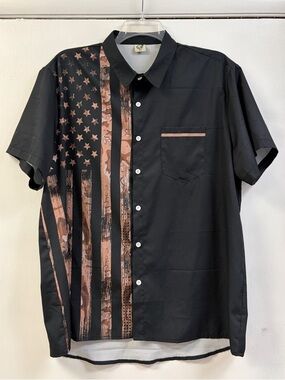 Men's Black Short-Sleeve Button-Up Shirt with Copper Flag Detail